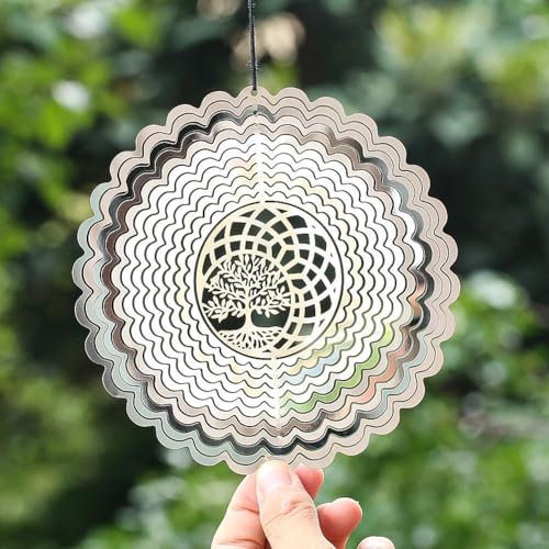 PESTEZE USA Premium Tree of Life Wind Spinner – 6x9’’ Stainless Steel Reflective 3D Hanging Outdoor Spinner for Bird Deterrent, Garden & Yard Metal Ornament | Durable, Decorative & Humane Pest Control