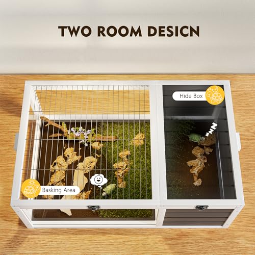 39.5" Wooden Tortoise House Indoor Turtle Habitat with 2 Removable Waterproof Trays & Acrylic Observation Windows, Reptile Cage for Lizards, Geckos & Small Pets