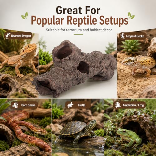 Large Reptile Resin Log Cave, 12 Inch Terrarium Hideout with 5 Openings, Faux Bark Aquarium Cave Decor for Bearded Dragon, Gecko, Snake, Lizard, Turtle, Fish .00 X 6.49 X 4.72 in Brown
