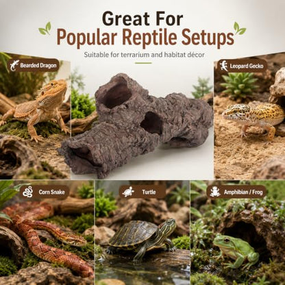 Large Reptile Resin Log Cave, 12 Inch Terrarium Hideout with 5 Openings, Faux Bark Aquarium Cave Decor for Bearded Dragon, Gecko, Snake, Lizard, Turtle, Fish .00 X 6.49 X 4.72 in Brown