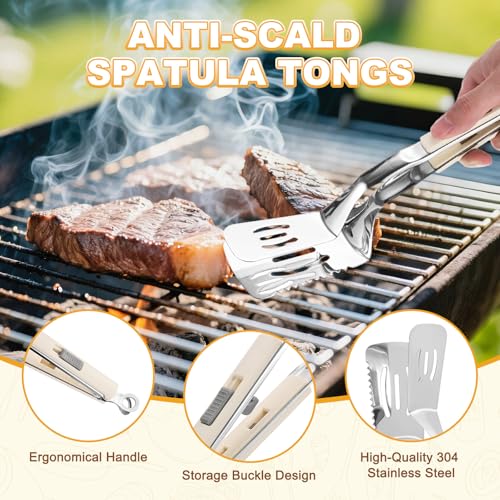 M METERXITY Spatula Tongs, 13.4 Inch 304 Stainless Steel Anti-Scald Extended Serrated Multifunctional Flipper Grill Clamp for Cooking/Barbecue, Kitchen Cooking Tong [White Handle, Silver Tone] - color: White Handle, Silver Tone