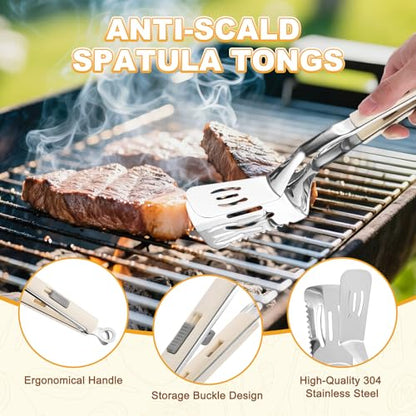 M METERXITY Spatula Tongs, 13.4 Inch 304 Stainless Steel Anti-Scald Extended Serrated Multifunctional Flipper Grill Clamp for Cooking/Barbecue, Kitchen Cooking Tong [White Handle, Silver Tone] - color: White Handle, Silver Tone