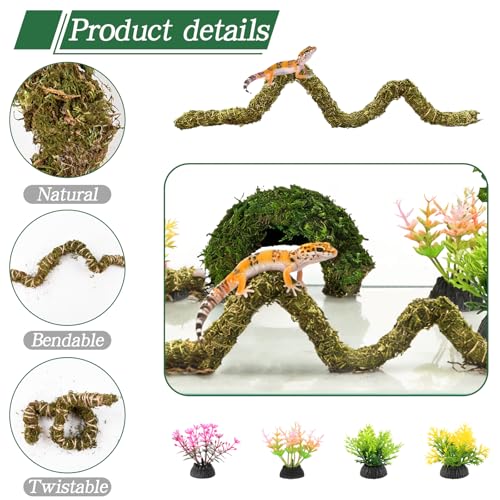 8 Pcs Reptile Hides and Caves Leopard Gecko Tank Accessories Bendable Moss Vine for Reptiles Fake Leaves Potted Plants for Terrarium Vivarium Hide