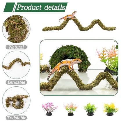 8 Pcs Reptile Hides and Caves Leopard Gecko Tank Accessories Bendable Moss Vine for Reptiles Fake Leaves Potted Plants for Terrarium Vivarium Hide