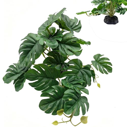 Reptile Plants Terrarium Decor, Artificial Fake Plants for Bearded Dragon, Leopard Gecko, Snake, Crested, Ball Python Tank (Monstera Leaf + Base) - color: Monstera Leaf + Base