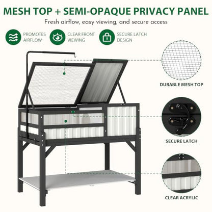 Modern Black & White Tortoise Habitat with Privacy Hide Panel, 2-Zone Wooden Reptile Enclosure with Adjustable Lamp Stand, Storage Shelf, Acrylic Viewing Window for Tortoises, Geckos & Small Reptiles