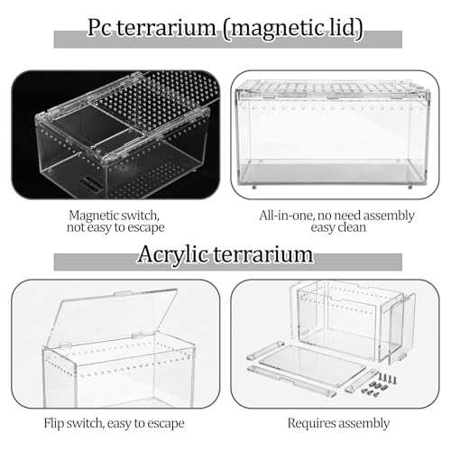 2-Pack Acrylic Terrarium, Large Tarantula Enclosure with Magnetic Lid, Escape-Proof Spider Cage, Hermit Crab Tank, Reptile Habitat for Geckos, Frogs, Isopods