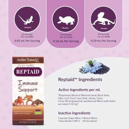 AMBER NATURALZ Reptaid Herbal Supplement for Small Reptiles | Herbal Pet Supplement for Immune Support | for Reptiles Under 250g | 1 Fluid Ounce Glass Bottle | Manufactured in the USA - size: 1 oz