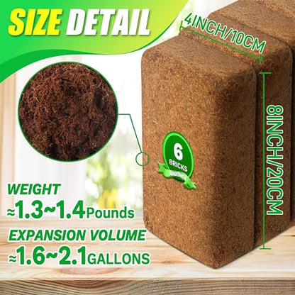 Coco Coir Brick for Plants-6 Pack Premium Coconut Bricks, 100% Organic Peat Moss, Fiber Coconut Husk for Planting, Gardening, Potting Soil Substrate - size: 6pcs