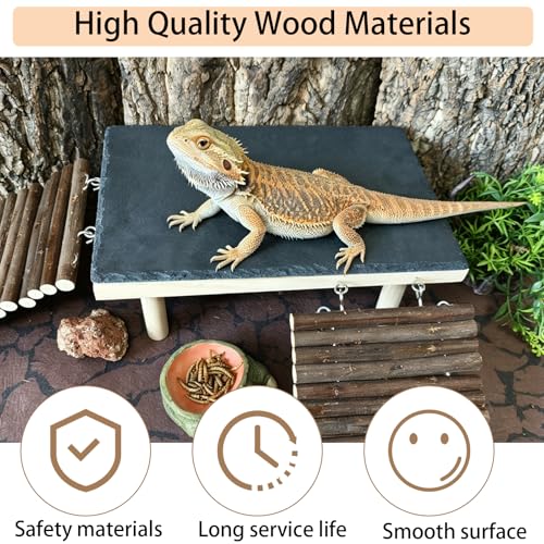 Wooden Bearded Dragon Platform Reptile Basking Platform Climbing with Slate Stone Tank Accessories for Leopard Gecko Lizard Tortoise Snake (Large Applewood) - size: Large(B)