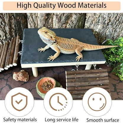 Wooden Bearded Dragon Platform Reptile Basking Platform Climbing with Slate Stone Tank Accessories for Leopard Gecko Lizard Tortoise Snake (Large Applewood) - size: Large(B)