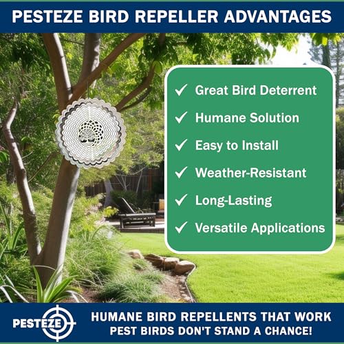 PESTEZE USA Premium Tree of Life Wind Spinner – 6x9’’ Stainless Steel Reflective 3D Hanging Outdoor Spinner for Bird Deterrent, Garden & Yard Metal Ornament | Durable, Decorative & Humane Pest Control