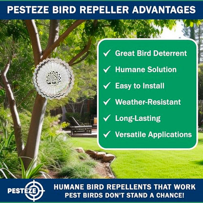 PESTEZE USA Premium Tree of Life Wind Spinner – 6x9’’ Stainless Steel Reflective 3D Hanging Outdoor Spinner for Bird Deterrent, Garden & Yard Metal Ornament | Durable, Decorative & Humane Pest Control