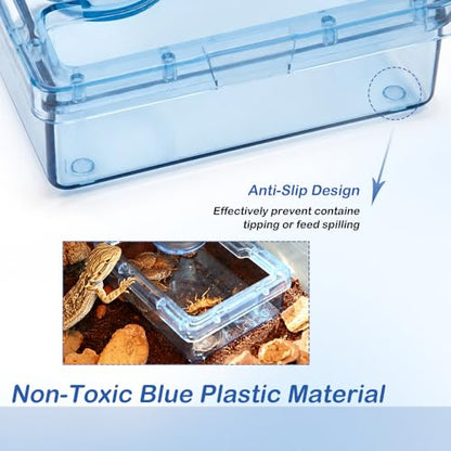 Reptile Anti-Escape Feeder, Transparent Blue Live Food Feeding Dish with Water Bowl, Escape Proof Feeding Container for Lizard Gecko Bearded Dragon Chameleon Spider Hermit Crab