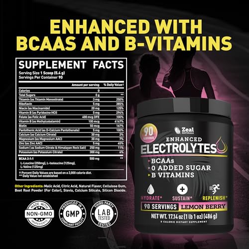 Zeal Electrolyte Powder - 90 Servings | Keto Electrolytes Powder | Zero Sugar, BCAAs, B-Vitamins | Potassium, Zinc, Magnesium | Hydration Powder Recovery Drink | Lemon Berry