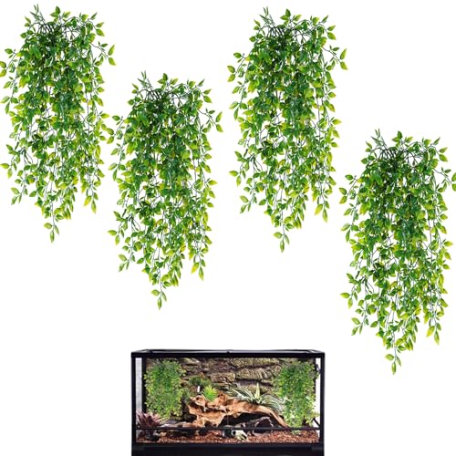 HERCOCCI Reptile Plants, 4 Pack Terrarium Hanging Plants Vines Artificial Leaves Habitat Decorations with Suction Cup for Bearded Dragon Hermit Crab Lizard Snake Geckos Chameleon - color: 4 Pack