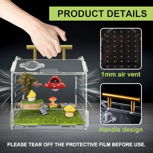 Jumping Spider Enclosure, 5.9" X 4.7" X 5.5" Acrylic Spider Habitat, Front Opening Reptile Terrarium with Matrix Ventilation Holes & Feeding Holes, for Hermit Crab Tarantula Mantises Beetles