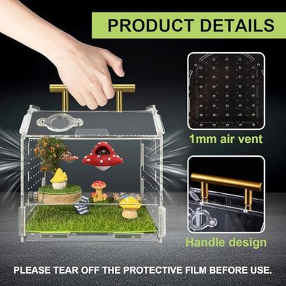Jumping Spider Enclosure, 5.9" X 4.7" X 5.5" Acrylic Spider Habitat, Front Opening Reptile Terrarium with Matrix Ventilation Holes & Feeding Holes, for Hermit Crab Tarantula Mantises Beetles
