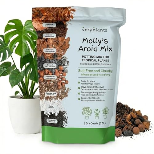 Molly's Aroid Mix - Premium Soilless Potting Mix for Houseplants - Fast Draining, Chunky & Easier to Water vs. Soil for Indoor Plants - with Bark, Coco Chips, Worm Castings, Mycorrhizae 5 Dry Quarts - size: 5 Dry Quarts, style: Houseplants & Aroids