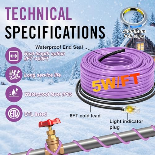 5FT Heat Tape for Water Pipes Roof and Gutters Heating Cable with 6ft Lighted Plug - style: 5 Feet