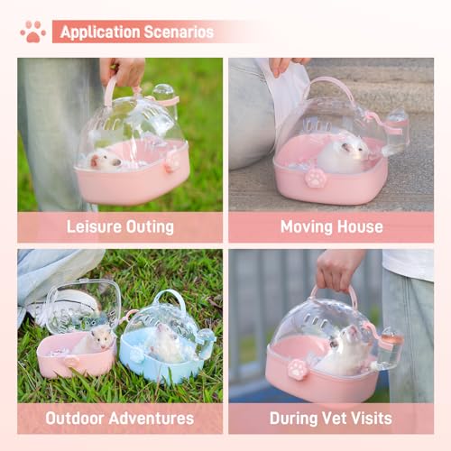 BUCATSTATE Small Animal Carrier Cage with Water Bottle, Portable Hamster Travel Carrier Carry Case 7.24" L*6.69 W *6.42" H for Small Pets, Gerbils, Mice, Dwarf Hamster (Pink) - color: Pink