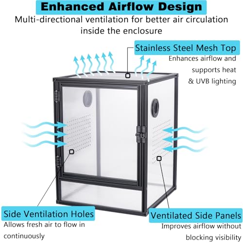 30 Gallon 18x18x24 Tall Terrarium, Aluminum Frame Gecko Tank with Clear Ventilated PC Panels, Mesh Top, Locking Door for Crested Gecko Chameleon