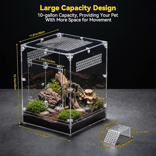 CADUKE 12"x12"x16" Reptile Terrarium, 10 Gallon Reptile Tank, Reptile Enclosure with Double Door, Water Area, Acrylic Reptile Enclosure Terrarium for Crested Gecko, Leopard Gecko, Spider, Snake