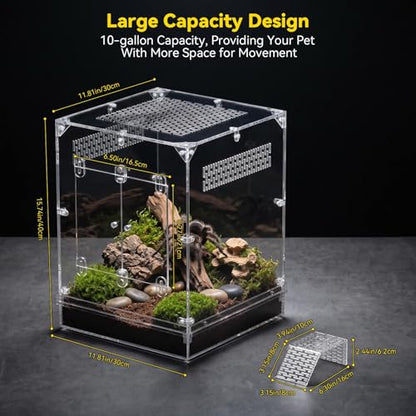 CADUKE 12"x12"x16" Reptile Terrarium, 10 Gallon Reptile Tank, Reptile Enclosure with Double Door, Water Area, Acrylic Reptile Enclosure Terrarium for Crested Gecko, Leopard Gecko, Spider, Snake