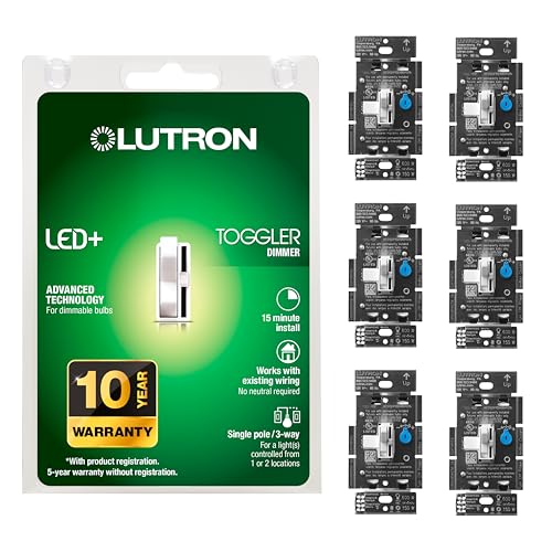 Lutron Toggler LED+ Dimmer Switch for Dimmable LED, Halogen and Incandescent Bulbs, 150 Watt, Single-Pole or 3-Way, TGCL-153PH-WH-6, White, 6 Pack - color: White, size: 6 Pack