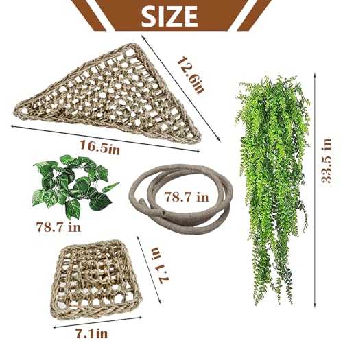 kathson Bearded Dragon Hammock,Lizard Lounger Reptile Tank Hanging Plants Climbing Jungle Vines Flexible Leaves Decorations for Lizards Chameleon Gecko Snakes(5 PCS)