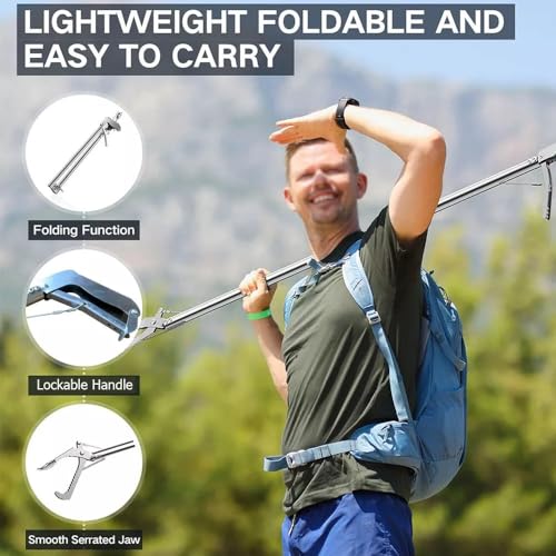 52“ Snake Tongs Collapsible Grabber, Professional Reptile Snake Catcher Wide Jaw Handling Tool, Stainless Steel Snake Hook