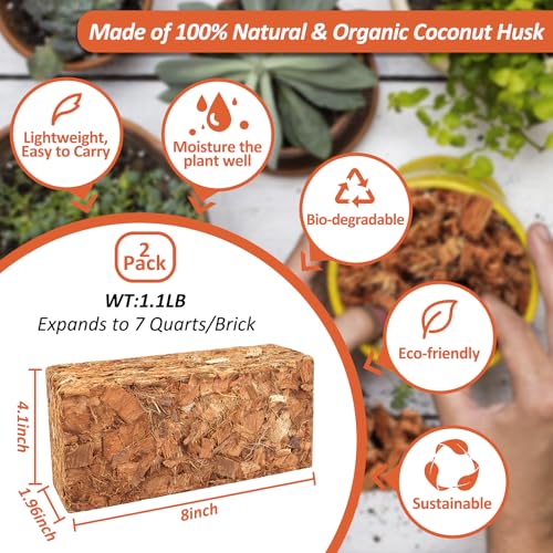 Riare 2 Pack Coco Chips Substrate for Plants- 2.2lb 100% Organic Coconut Husk Brick with Low EC and pH Balanced, High Expansion Coconut Substrate Coco Husk Mulch for Garden Flowers, Herbs, Planting - color: 2 Pack