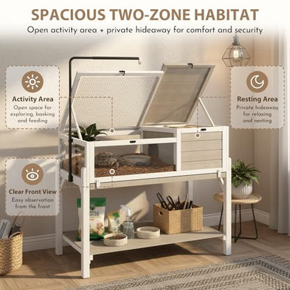 Tortoise Habitat for Small Reptiles, 2-Zone Wooden Turtle Cage with Adjustable Rotating Metal Lamp Stand, Storage Shelf, Indoor Reptile Enclosure for Tortoises, Geckos, Snakes