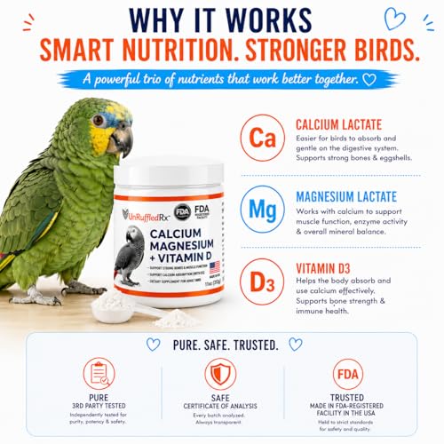 UnRuffledRx™ Bird Calcium Plus with Magnesium and D3, Dissolves Clear and Tasteless in Water, Supports Bone, Muscle, Feather and Egg Health, 45 Servings, Made in FDA-Registered USA Facility