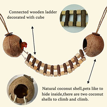 Hamiledyi Coconut Bird Nest Hut with Ladder Hanging Birds Hide House Toy for Cage Natural Coco Shell Hideaway for Parakeet Lovebirds Finch Syrian Hamster Gecko Squirrel Climbing - size: 1PCS 31.9*19.3in