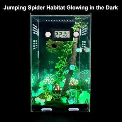 Jumping Spider Enclosure,DIY Insects Habitat,Small Reptile Terrarium Glass House Accessories Set,with Temperature and Humidity Detector Water Feeder Platform Hide,5.5“x5.5”x9.5“ (Luminous Mushrooms) - color: Luminous mushrooms