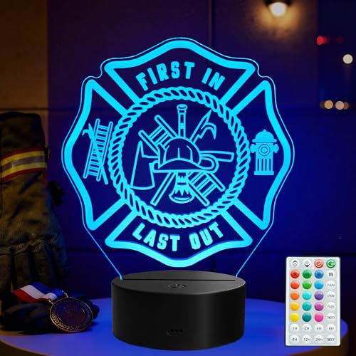 Firefighter Gifts for Men, 3D Night Light for Fireman, 16 Colors with Remote Control, Timer, RGB Flashing Mode, Dimmable LED Illusion Lamp, Firefighter Decor for Birthday Holiday Christmas - color: Color 11