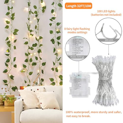 CEWOR 14 Pack 98ft Fake Ivy Vines, Artificial Ivy Garland with 100 LED String Lights, Hanging Plants Greenery Backdrop Green Leaves for Bedroom Room Wall Decor Wedding Party Table Decoration - size: E-14pcs of Vines with 100 LED lights