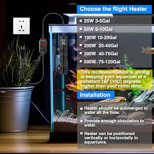 Aquarium Heater 50W, Submersible Fish Tank Heater with LED Digital Display, Auto Power-Off When Leaving Water & High Temp Protection, for Fresh and Salt Water Tanks 5-10 Gal - size: For Tanks 5-10 Gal