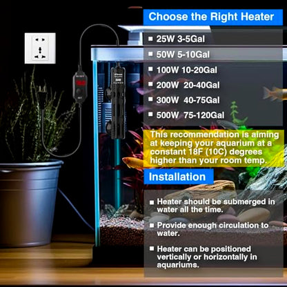 Aquarium Heater 50W, Submersible Fish Tank Heater with LED Digital Display, Auto Power-Off When Leaving Water & High Temp Protection, for Fresh and Salt Water Tanks 5-10 Gal - size: For Tanks 5-10 Gal