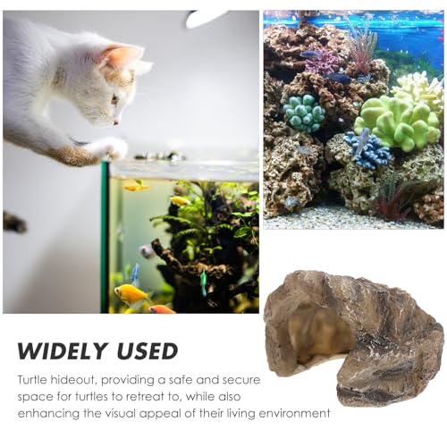 Reptile Cave Hideout Resin Rock Shelter with Ramp Platform for Turtle Tank and Bearded Dragon Enclosure Ornament, Natural Decoration for Reptile Hiding and Basking