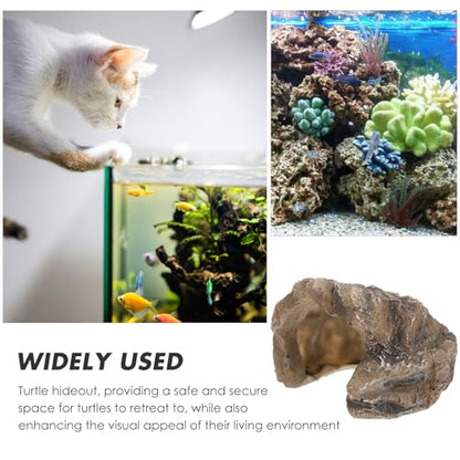Reptile Cave Hideout Resin Rock Shelter with Ramp Platform for Turtle Tank and Bearded Dragon Enclosure Ornament, Natural Decoration for Reptile Hiding and Basking