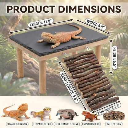Bearded Dragon Basking Platform, Natural Slate Reptile Basking Rock with Wooden Climbing Ramp, Terrarium Habitat Decor for Lizard, Leopard Gecko, Tortoise, Snake (Medium) - size: Medium