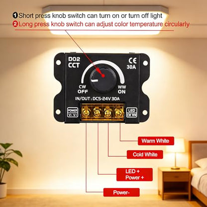 CCT LED Controller, DC 5V-12V-24V 30A RF Wireless Dimmer Rotary Button and 17 Key Remote Control, PWM Dimmable Brightness Adjust LED Strip Light Controller for CCT LED Strip Lights - color: CCT Mini Remote