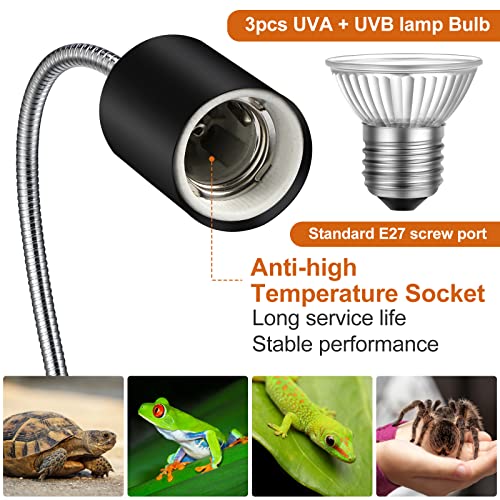 3 Set Reptile Heat Lamp UVA/UVB Turtle Heat Lamp Holder Fixture Clamp Basking Spot Adjustable 50w Full Spectrum Sun Sunbathe Bulb for Turtle Lizard Bearded Dragon Snake Aquarium Amphibian(Black) - color: Black