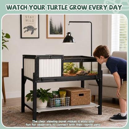 Large Tortoise Habitat with Adjustable Lamp Stand, Wooden & Plastic Turtle Enclosure with Viewing Window, Pull-Out Tray, Storage Shelf, 2-Room Indoor Outdoor Reptile House for Tortoises & Small Pets - size: 40.3"L x 22.8"W x 34.2"H
