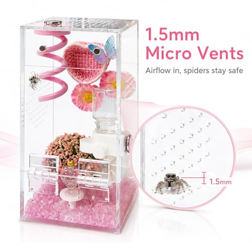 Jumping Spider Enclosure,DIY Insects Habitat,Small Reptile Terrarium Glass House Accessories Set,with Jumping Platform Hide Water Feeder (Pink B) - color: Pink B