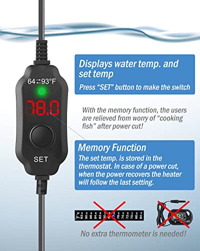 AquaMiracle Aquarium Heater 15W Fish Tank Heater for 1-3 Gal Tanks, LED Digital Display Thermostat Turtle Heater with Out-of-Water Auto Shut-Off, Overheat Protection & Memory Function - size: For 1-3 Gal Tank