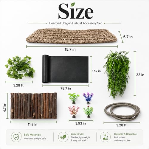 HERCOCCI Bearded Dragon Tank Accessories, Reptile Mat Bridge Hammock Flexible - Jungle Climbing Vines and Leaves with Suction Cups Habitat Décor for Hiding& Climbing Snake Gecko Lizard Chameleon