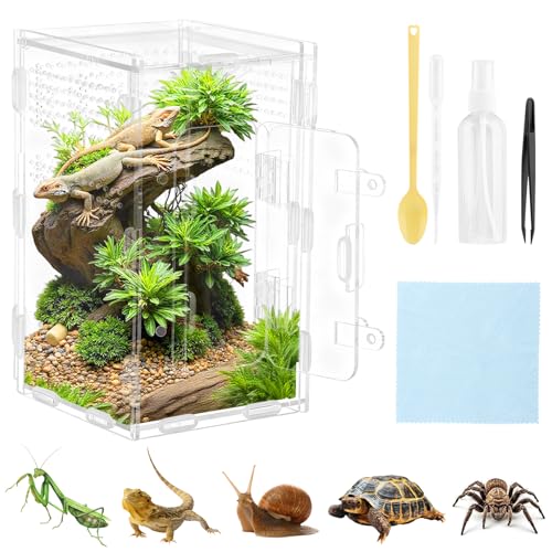 Jumping Spider Terrarium, Complete Acrylic Habitat Kit with Dual Doors, Feeding Tools for Spiders, Tarantulas, Mantis, Small Reptiles, 4.7x4.7x7.9 Inch